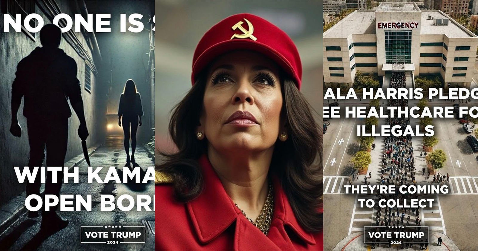 Three side-by-side images depicting anti-Kamala Harris messages. The first image shows a figure holding a weapon, with text No one is safe with Kamala's open borders. The second shows a woman in a red hat with a Soviet emblem, and the third is an aerial view of a large crowd in front of a building labeled Emergency with text claiming Kamala Harris pledges free healthcare to illegals and they're coming to collect. All images include a Vote Trump 2024 message.