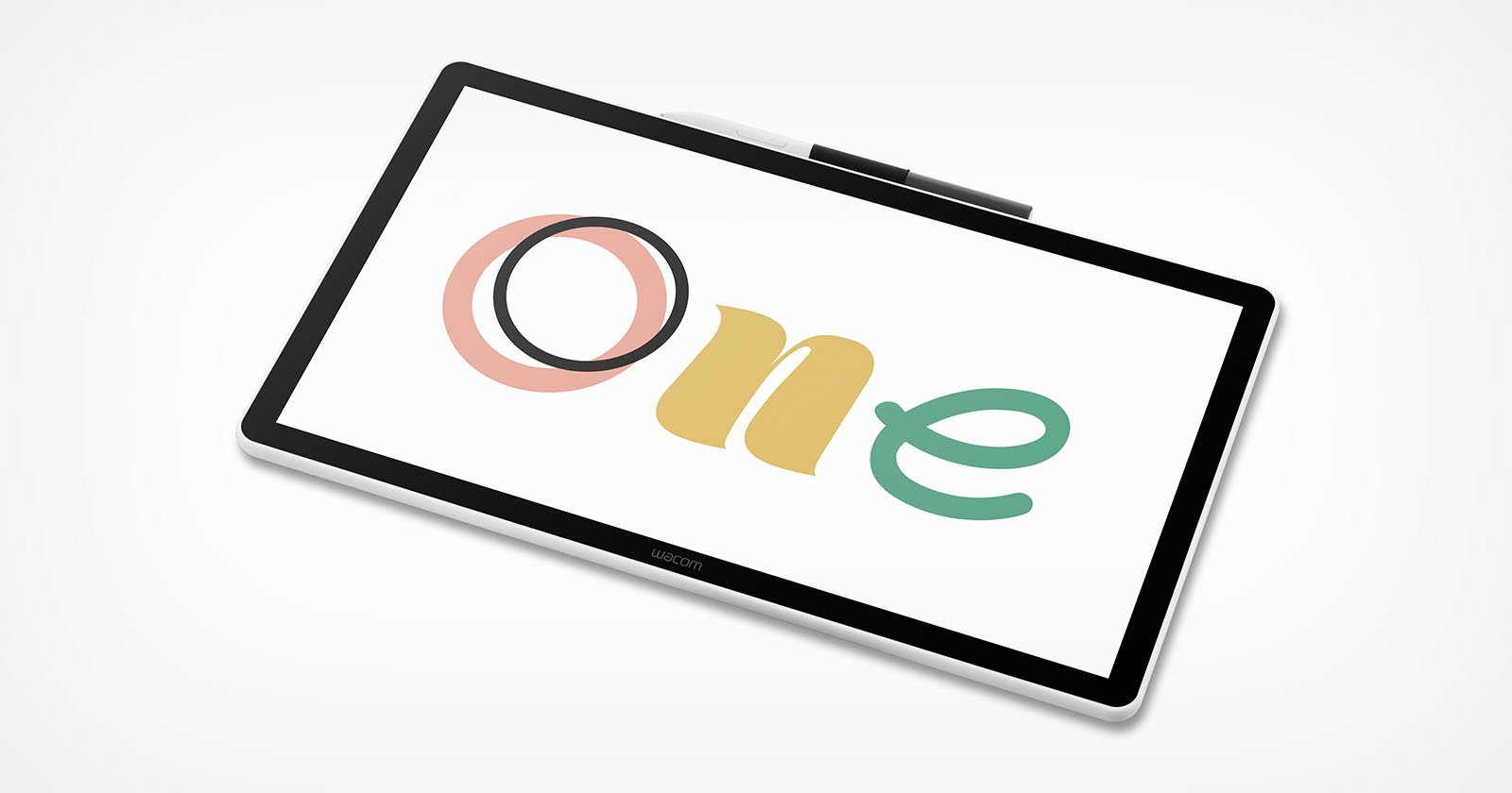 A black and white digital drawing tablet with a screen displaying the word one in stylized, colorful letters on a white background.