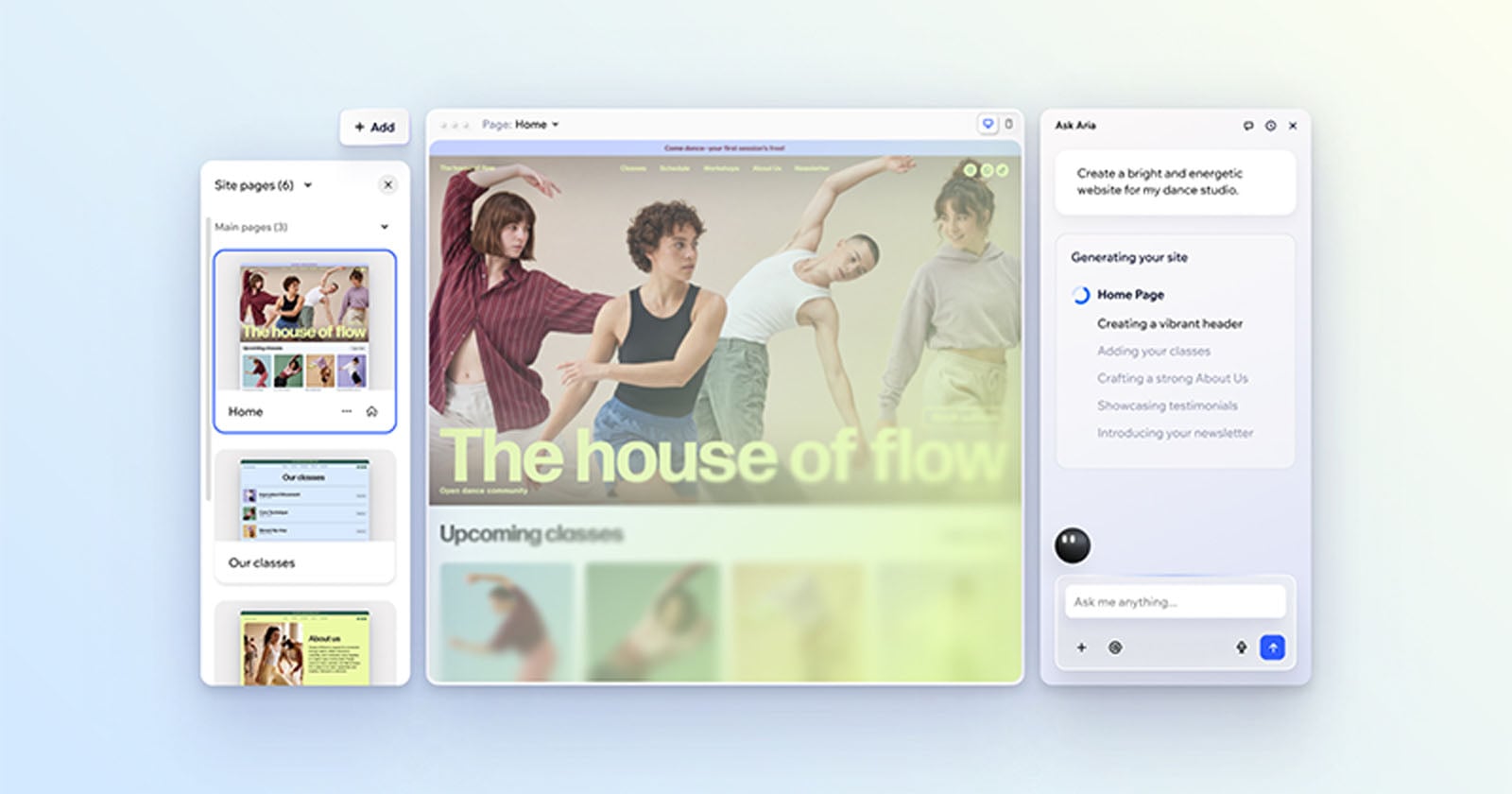 A website builder interface shows a dance studio website preview with four dancers, a sidebar listing site pages, and a right panel suggesting website content and design tips.