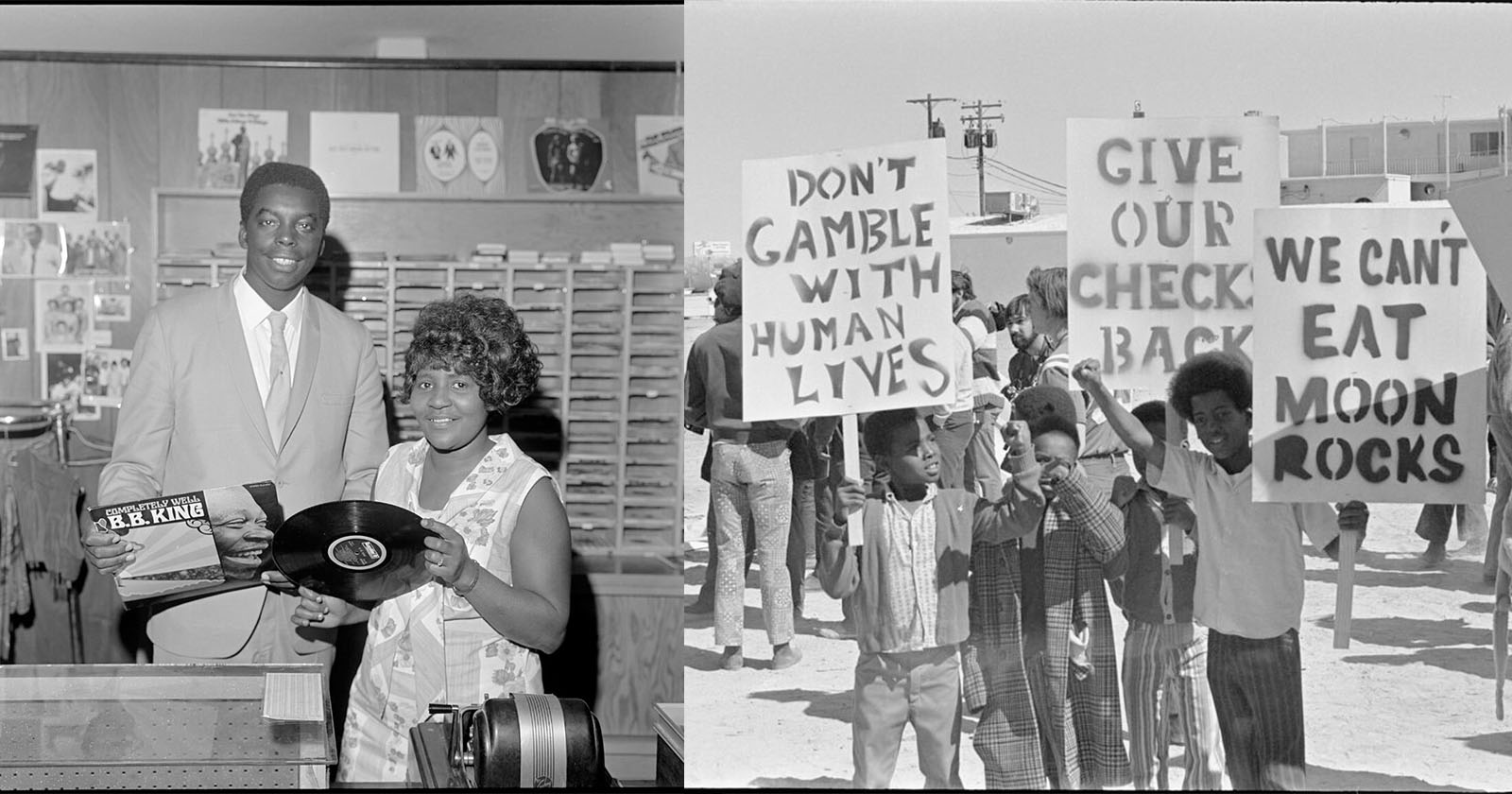 On the left, a man and woman hold a B.B. King record in a music store. On the right, people protest holding signs that say Don't gamble with human lives, Give our check back, and We can't eat moon rocks.