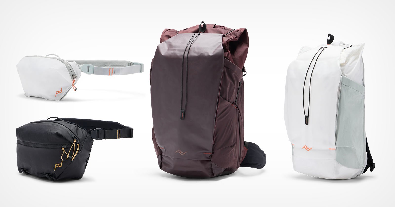 Four different bags are displayed: a small white waist pack, a black waist pack, a large dark brown backpack, and a large white backpack. Each bag has minimal branding and sleek, modern designs. The background is white.