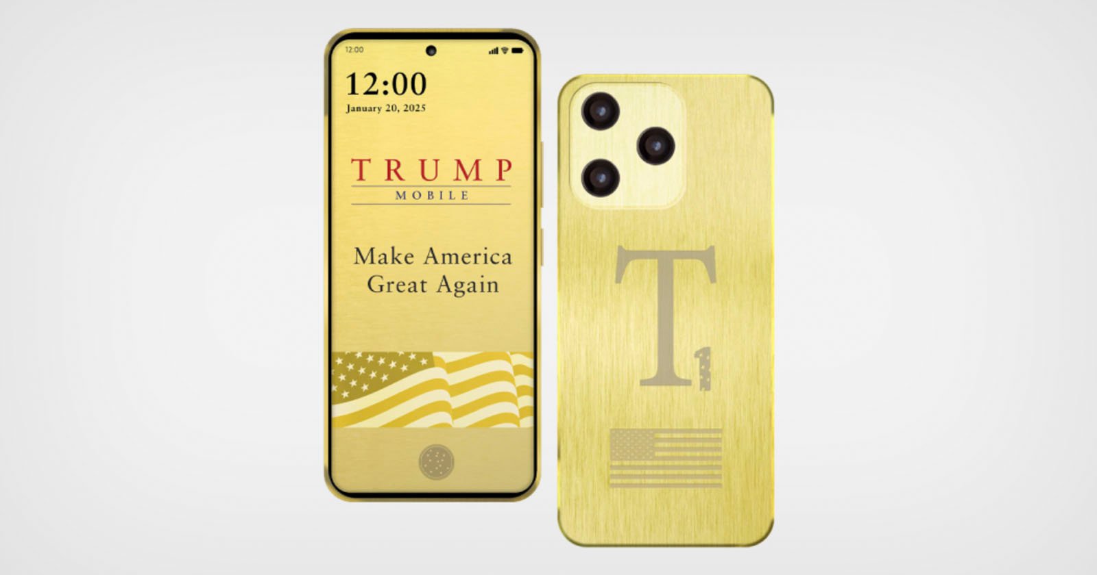 A gold smartphone with TRUMP MOBILE and Make America Great Again on the screen, alongside an American flag. The back features a large T, a small flag, and a triple camera setup.
