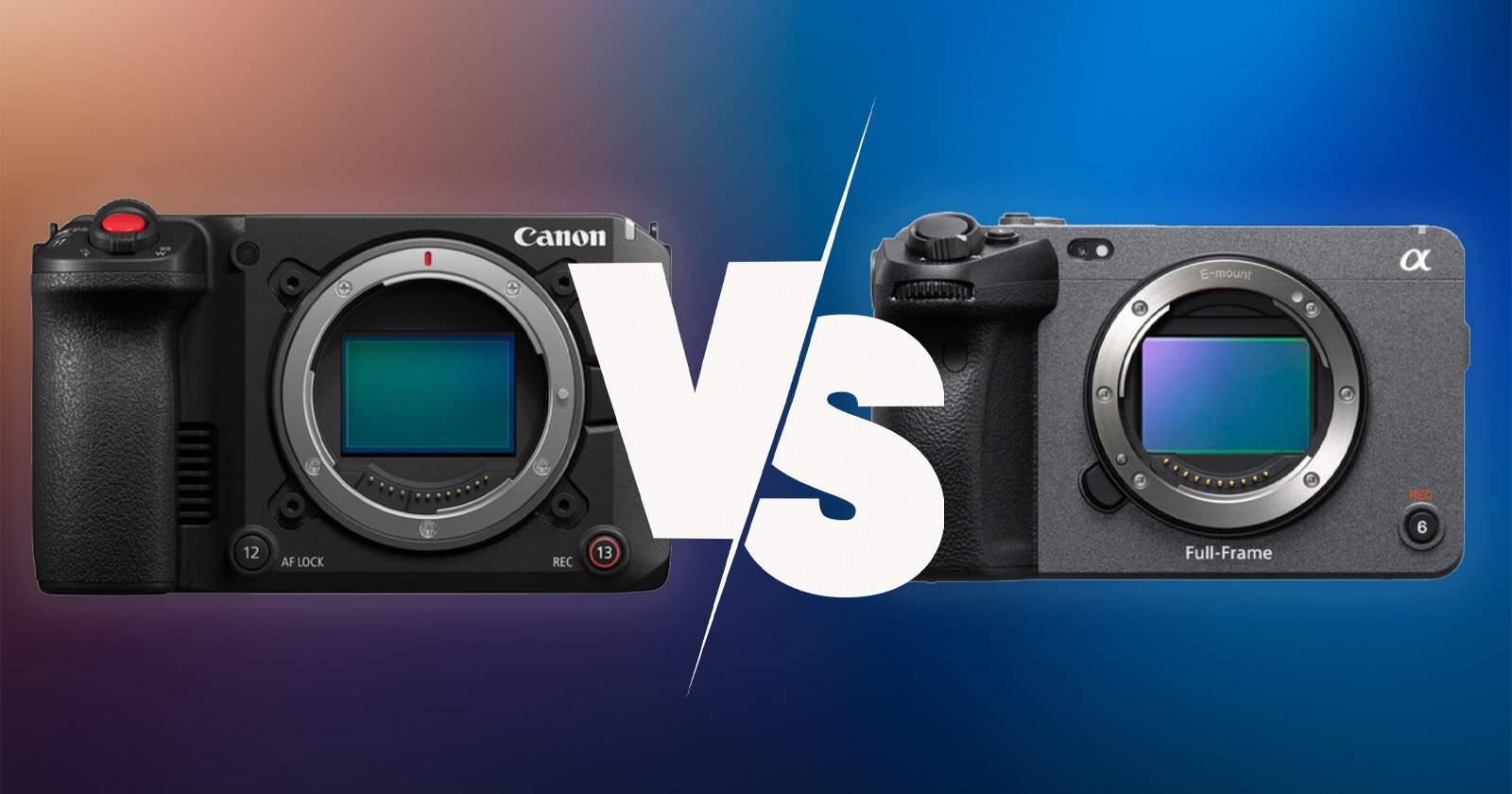 Two mirrorless camera bodies, a Canon on the left and a Sony on the right, face each other with a large “VS” between them, highlighting a comparison against colored backgrounds.