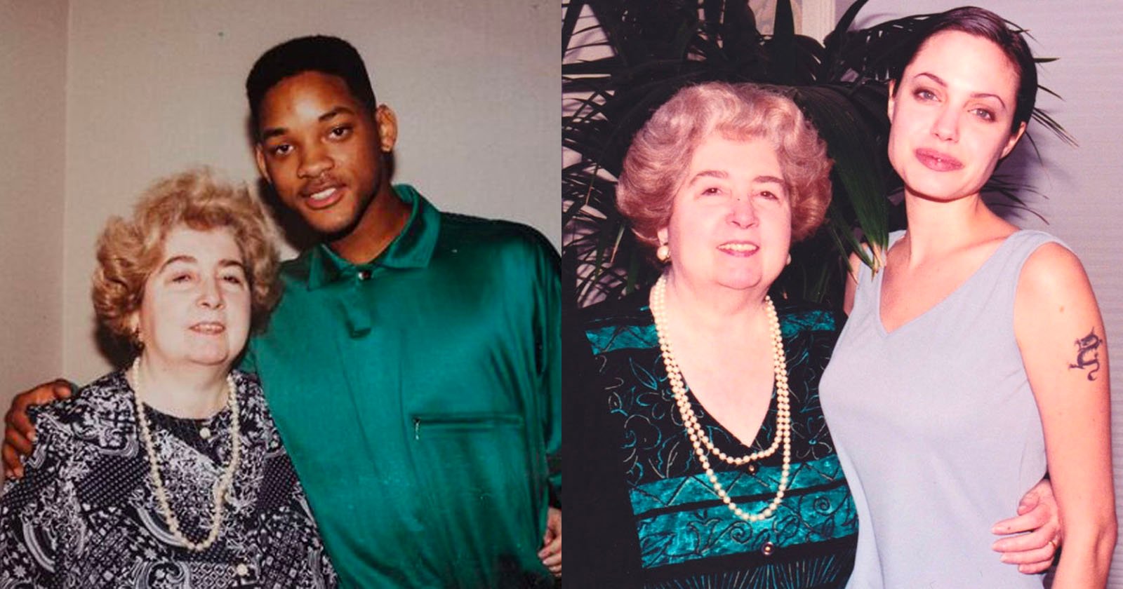 Two photos side by side: On the left, a young man in a green shirt stands with an older woman. On the right, a young woman in a light dress stands with the same older woman, both smiling.