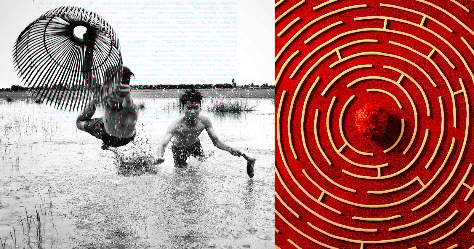 Two boys play and splash in a flooded field on the left; on the right is a red circular maze with a ball in its center, viewed from above. The left side is black and white, the right is vivid red.