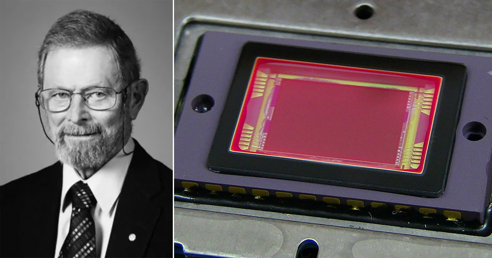 A black and white portrait of an older man with glasses and a beard is shown on the left; on the right is a close-up color image of a rectangular electronic sensor with visible circuitry.