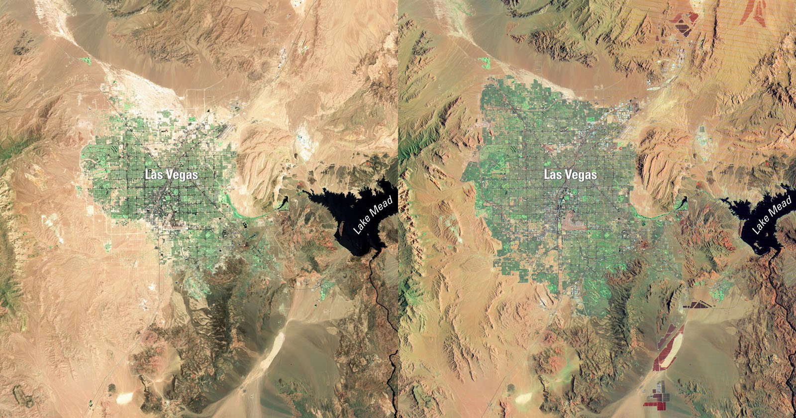 Side-by-side satellite images of Las Vegas and Lake Mead show urban expansion over time, with the left image showing less development and the right image showing increased urban growth and changing land patterns.