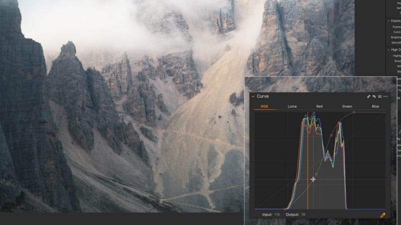 A screenshot of using Curves to edit a photo in Capture One 22