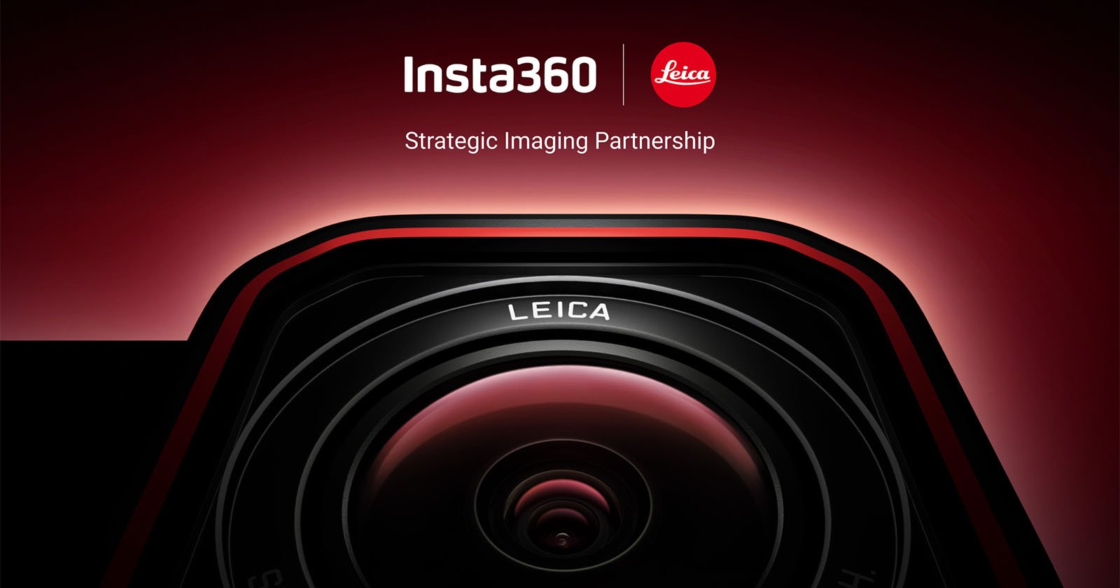 Close-up of a camera lens with LEICA branding, framed by a smooth, dark gradient background. Above, text reads Insta360 and Strategic Imaging Partnership alongside a small red Leica logo.