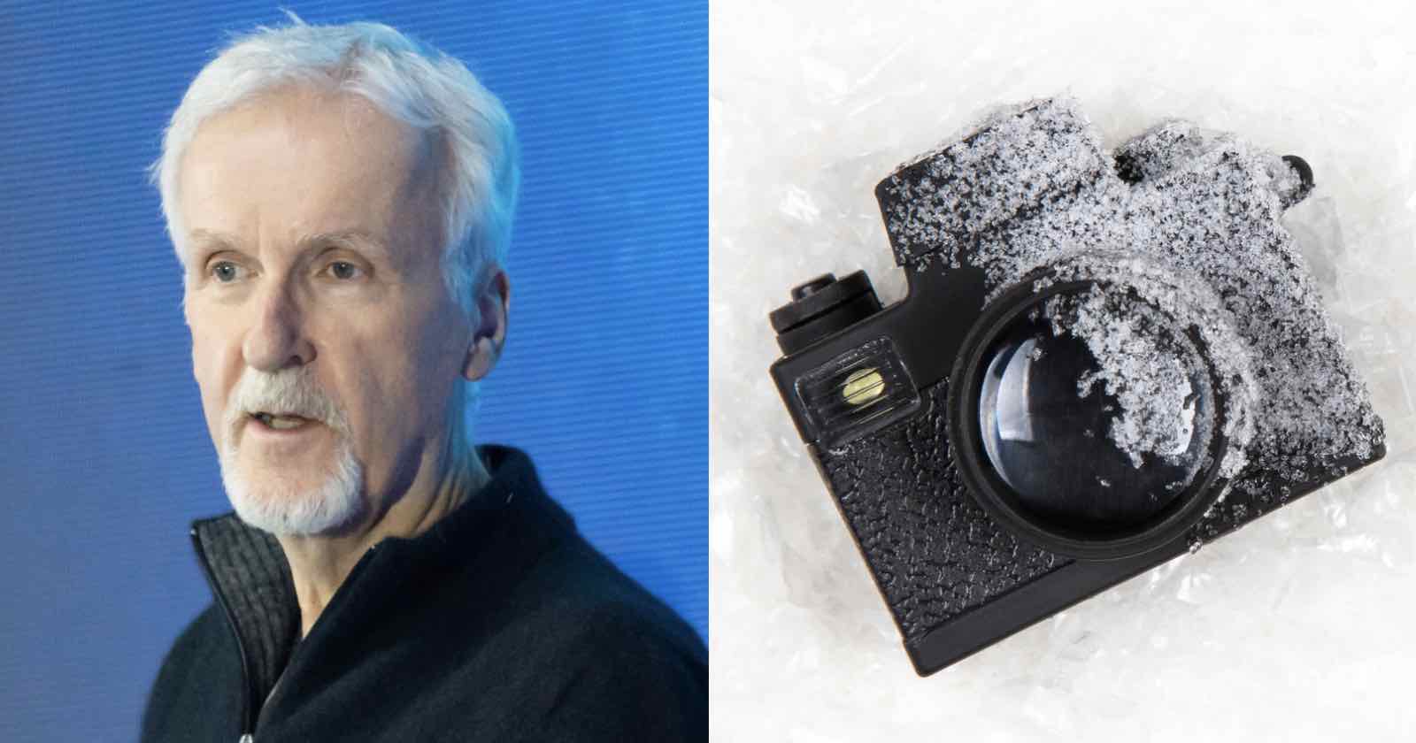 A man with short white hair and a trimmed beard stands in front of a blue background. Next to him, a black camera covered in frost or snow rests on an icy surface.