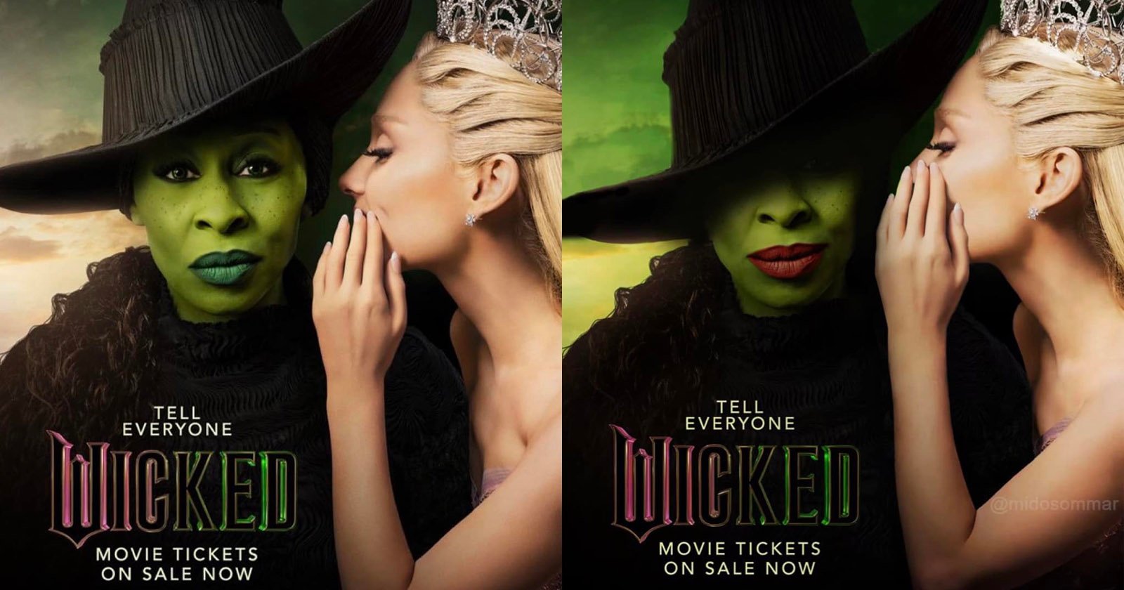 A person with green skin, wearing a black hat, stands next to another person with light skin and a crown, whispering to them. Text reads, Tell Everyone Wicked, Movie Tickets On Sale Now.