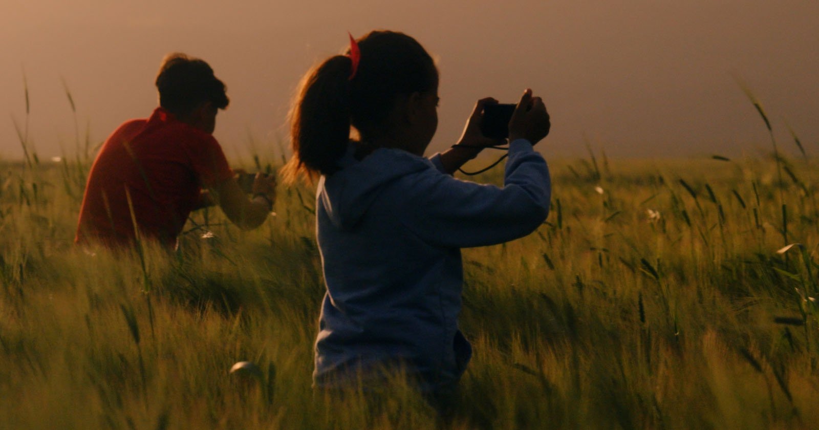 Two people sit in a field of tall grass at sunset; the person in the foreground wears a blue jacket and takes a photo, while the person in the background, in red, looks down at something in their hands.