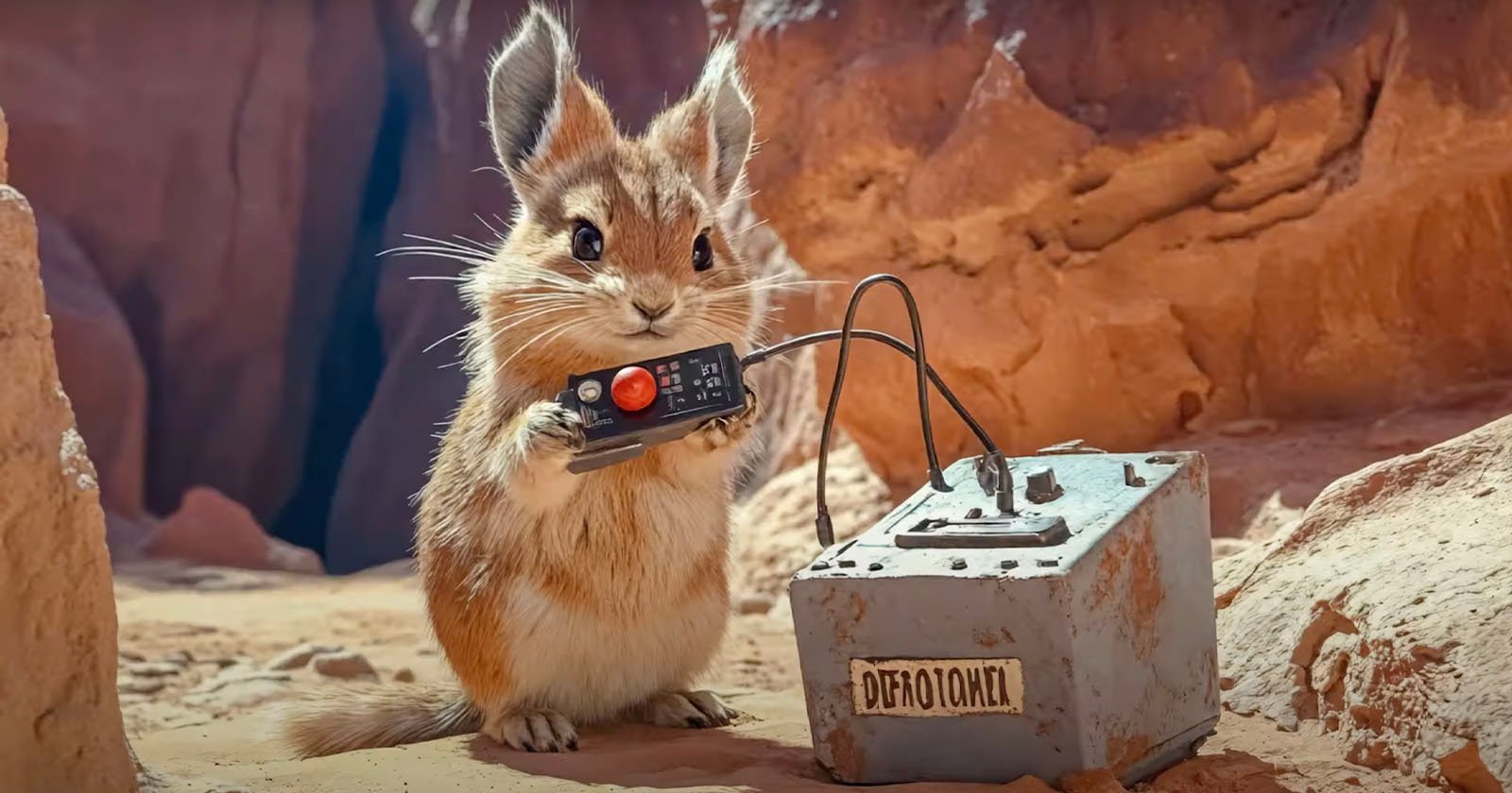 A small, animated rodent with big, expressive eyes holds a remote with a red button. The animal stands next to a metal box labeled Detonator in a desert-like environment surrounded by rocky terrain. Its demeanor suggests curiosity and mischief.