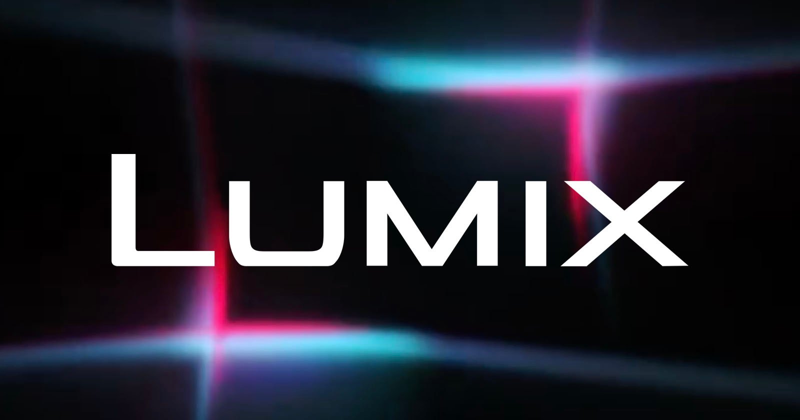 The image features the word LUMIX in bold white letters centered on a dark background with intersecting neon blue and pink light beams.