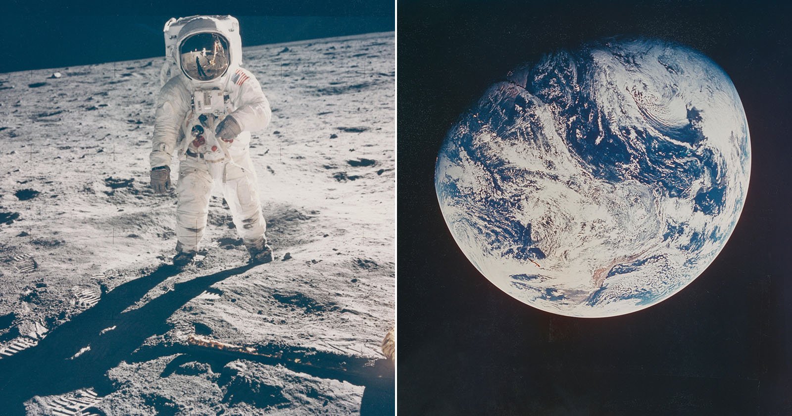 A split image showing an astronaut standing on the Moon’s surface in full spacesuit on the left, and a view of planet Earth from space on the right.