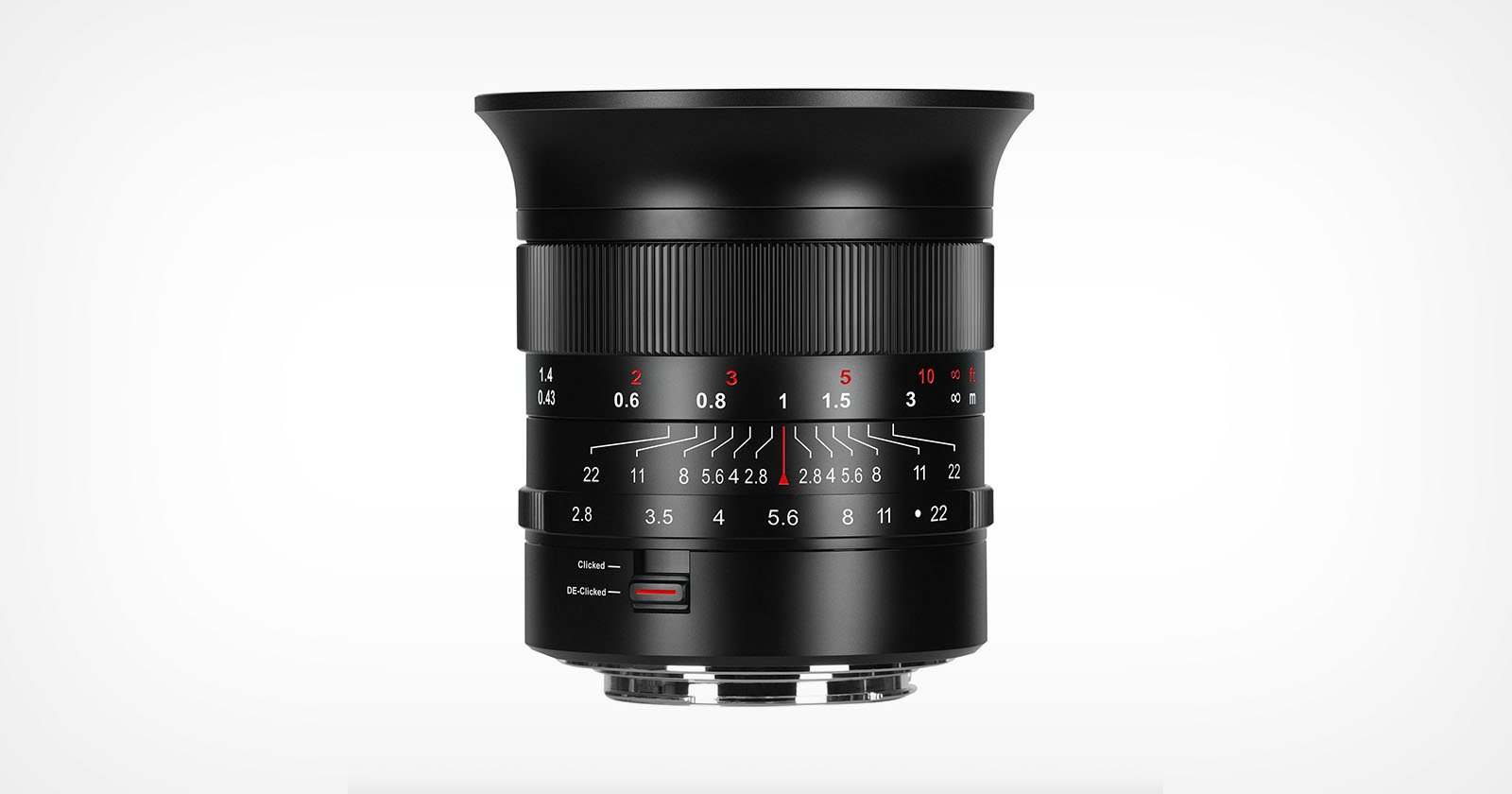 A black camera lens with manual focus and aperture rings, featuring engraved distance and aperture markings in white and red, set against a plain white background.