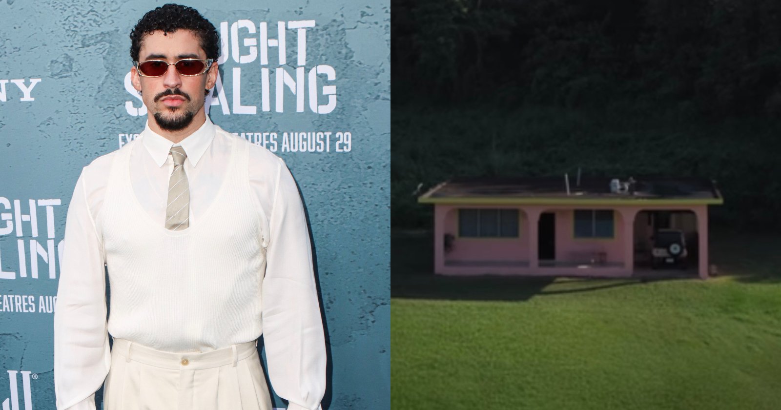Left: A man wearing sunglasses, a white shirt, tie, and vest stands in front of a blue backdrop with white text. Right: A small, pink house with a flat roof sits on a grassy lawn, surrounded by trees.