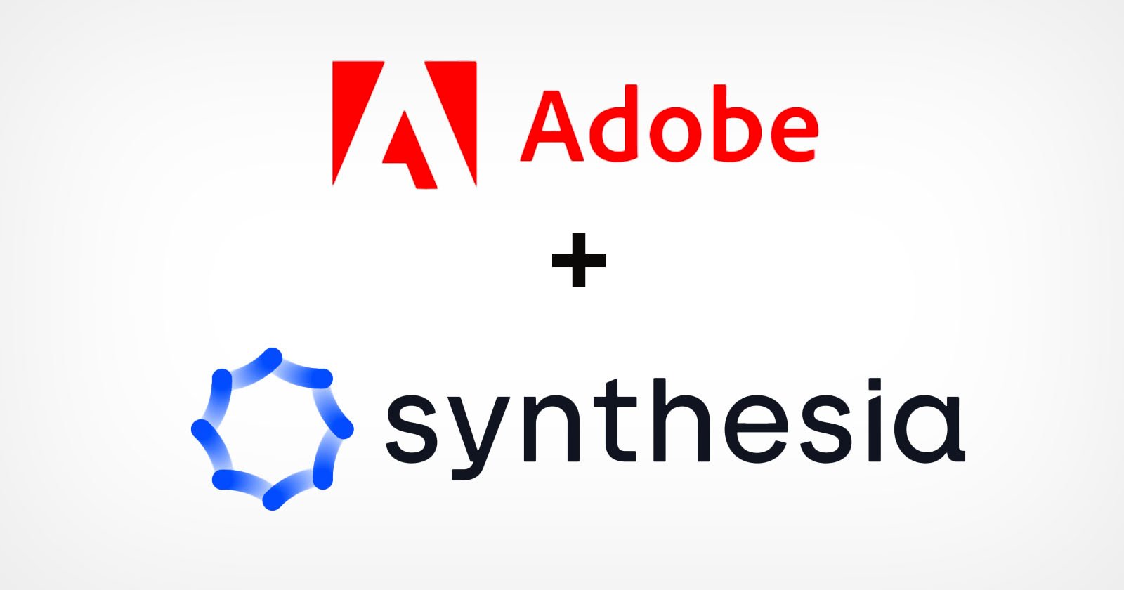Logos of Adobe and Synthesia. Adobe's logo is red with stylized 'A' and 'Adobe' text. Synthesia's logo features a blue abstract symbol and the word 'synthesia' in black. A plus sign between the logos indicates collaboration. White background.