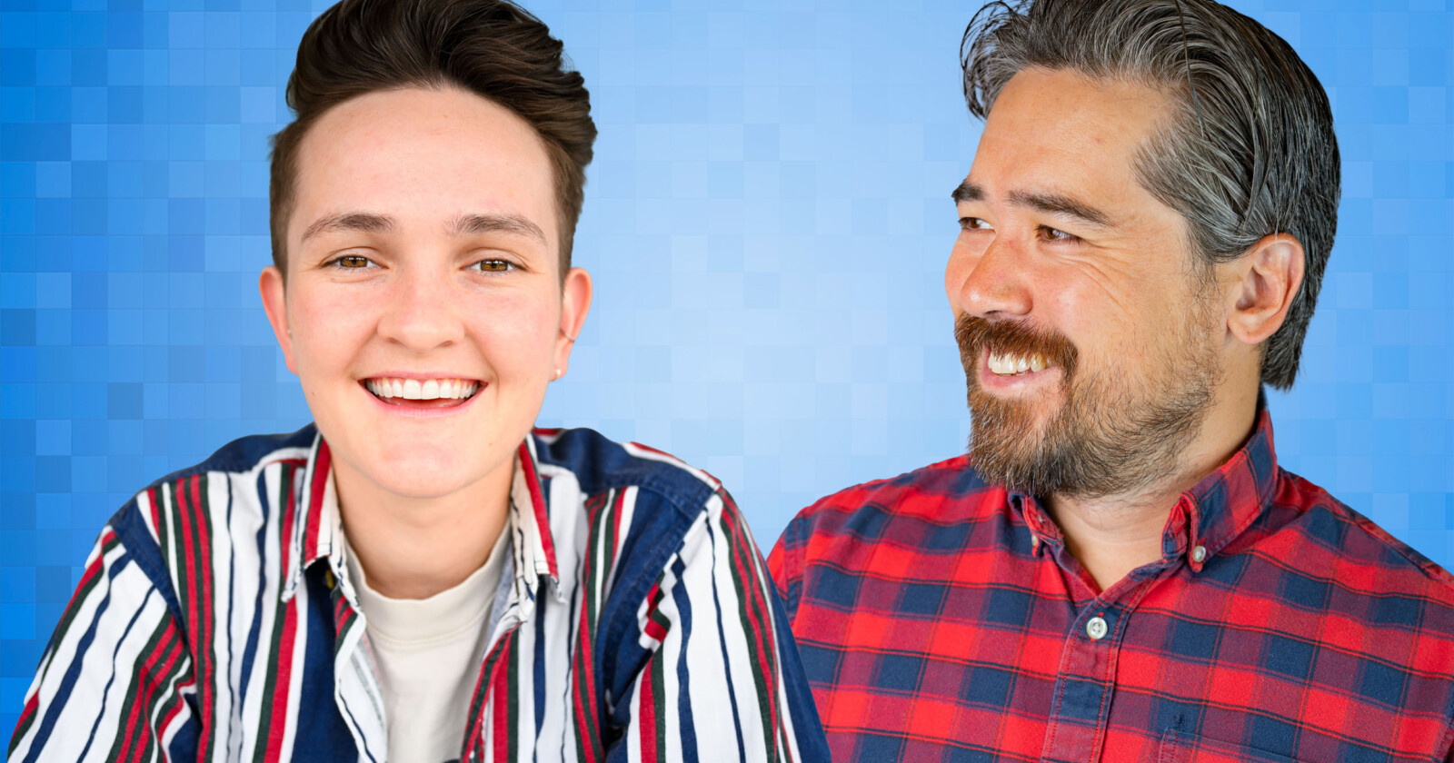 Two people are smiling against a blue pixelated background. The person on the left has short dark hair and is wearing a striped shirt. The person on the right has dark hair and a beard, wearing a red and blue plaid shirt, and is looking at the person on the left.
