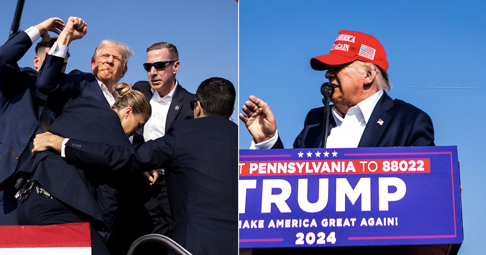 Split image: Left—A man in a suit with a bloodied face is surrounded by security and being helped off a stage. Right—A man in a red hat speaks into a microphone at a podium with a Trump 2024 campaign sign.