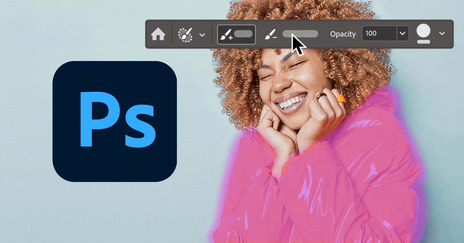 A person wearing a bright pink jacket smiles with their hands on their face. A close-up of Adobe Photoshop's toolbar is superimposed above their head, with the Opacity setting being adjusted. The Photoshop logo is also visible on the left side of the image.