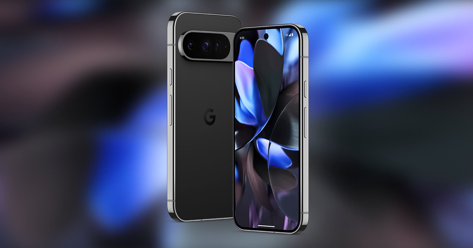 A sleek, black smartphone with a metallic frame is shown. Its front display showcases a vibrant, abstract blue and purple wallpaper. The back features a camera module with dual lenses and an LED flash. The phone displays the letter G logo on the back.