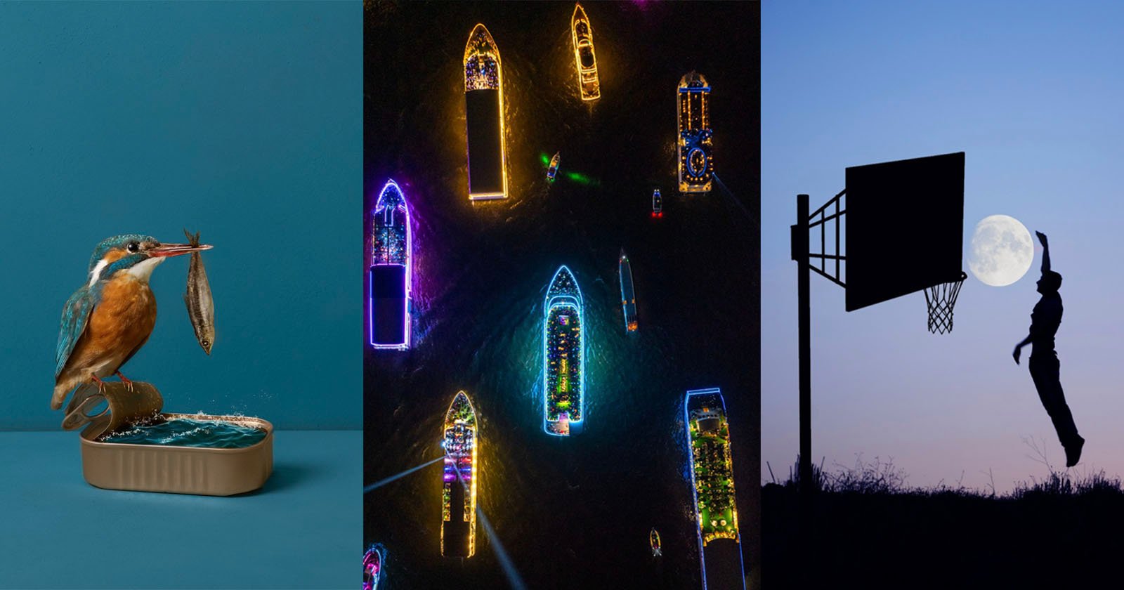 Three contrasting images: a kingfisher with a fish on a book, neon-lit boats on a river at night, and a silhouette of a person playing basketball under a full moon.