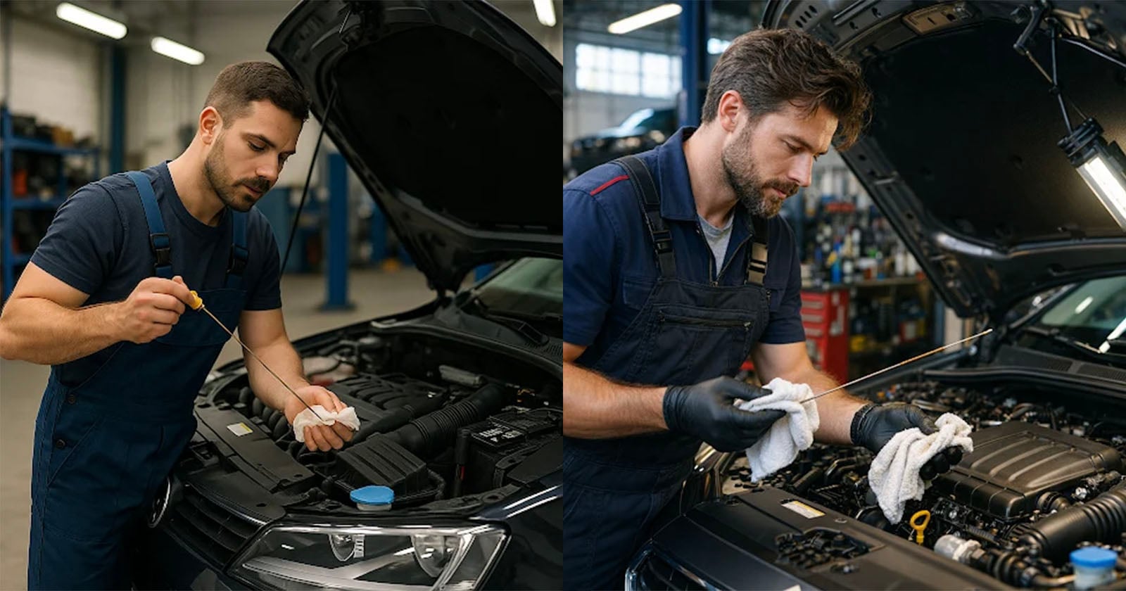 Two mechanics in a garage check the oil in car engines. Each man, wearing overalls, stands by an open hood, wiping a dipstick with a cloth under bright workshop lighting.