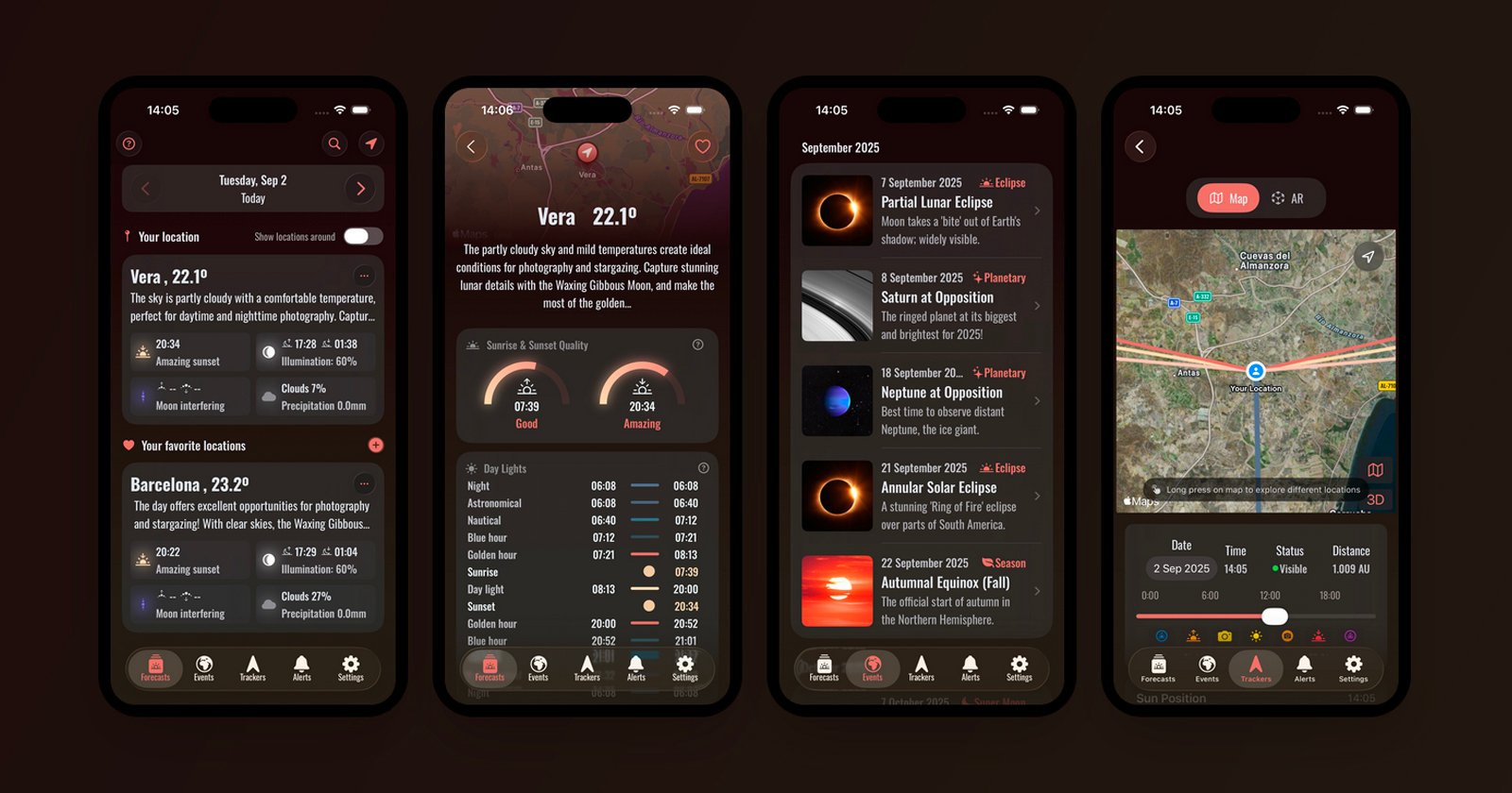 Four smartphone screens display an astronomy app interface showing weather details, stargazing conditions, celestial events, and a map for event locations, all in a dark-themed design with red and white accents.