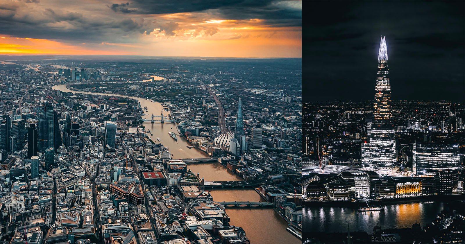 Aerial view of London at sunset, showing the River Thames and city landmarks, alongside a nighttime image of The Shard skyscraper brightly illuminated against the dark cityscape.