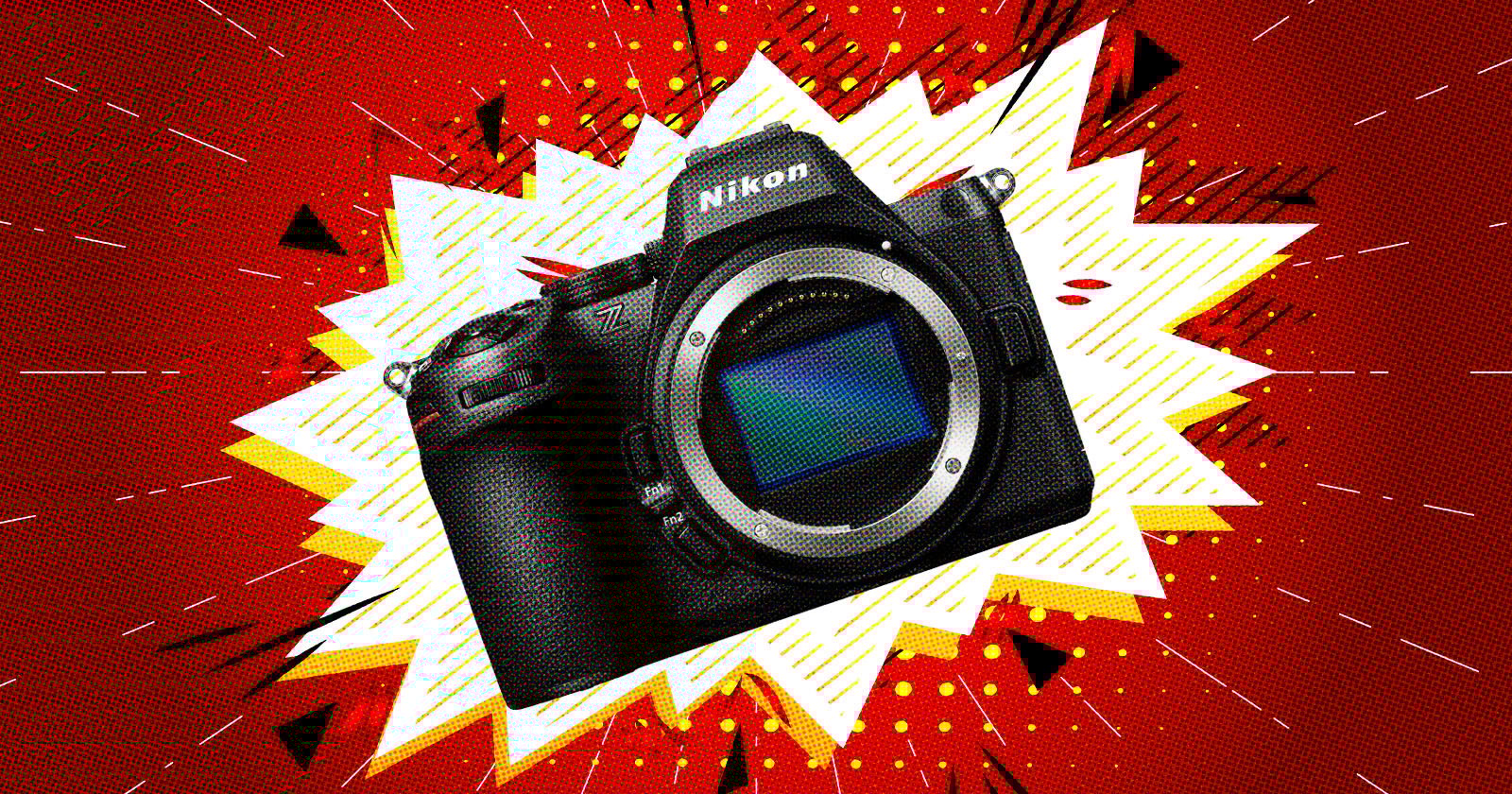 A Nikon mirrorless camera is displayed against a bold, comic-style red, yellow, and white burst background.