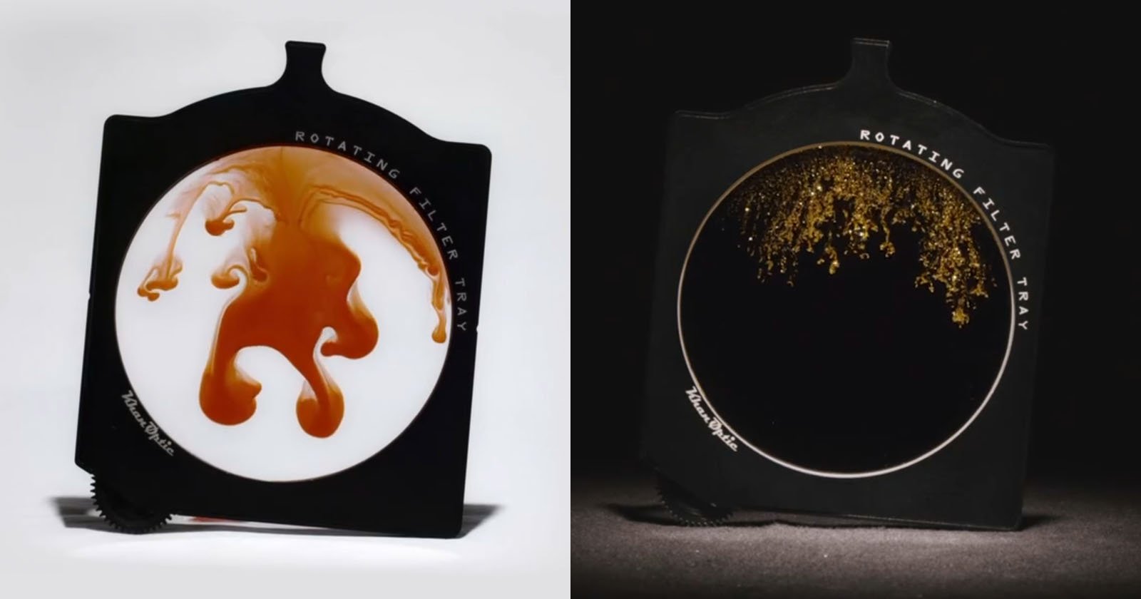 Side-by-side images of a rotating filter tray: the left shows swirling brown liquid patterns on white, while the right displays golden particles against a black background. Both filters have labeled text around the circular area.
