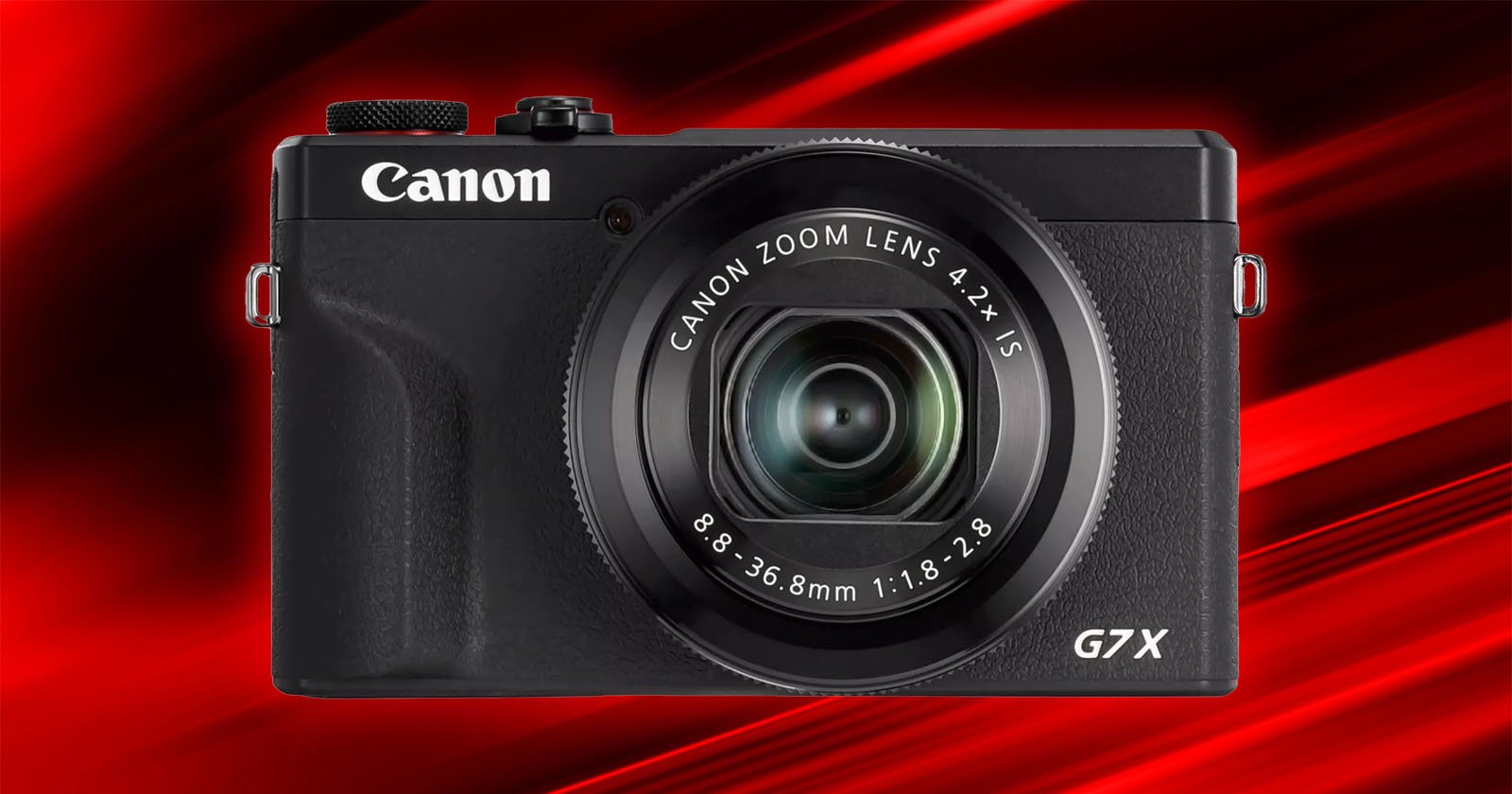 A Canon G7X camera is displayed against a vibrant red background. The camera's lens is prominent, showing details like Canon Zoom Lens 4.2x IS. The background features dynamic red streaks, enhancing the focus on the camera.
