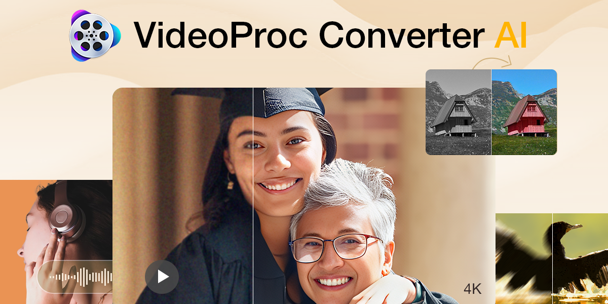 A banner for VideoProc Converter AI shows a split image of two women, one in graduation attire, with half the photo in color and half in black and white, along with smaller images of music and landscapes.