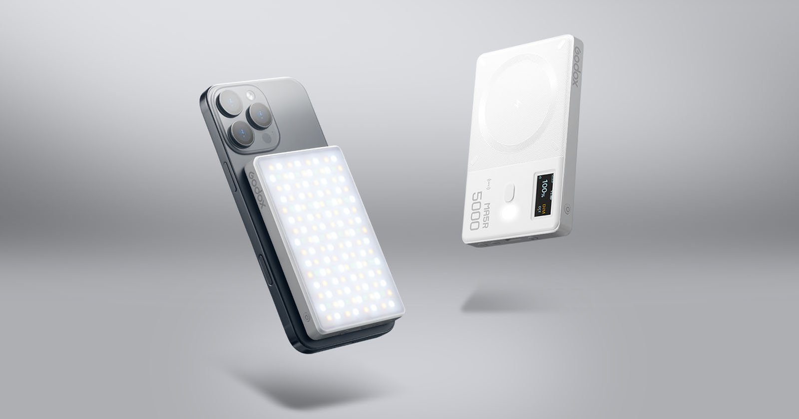 Two electronic devices are pictured: a smartphone with a rectangular LED light attached, and a white portable power bank featuring a digital display and 5000mAh capacity. Both are displayed in mid-air against a neutral background.
