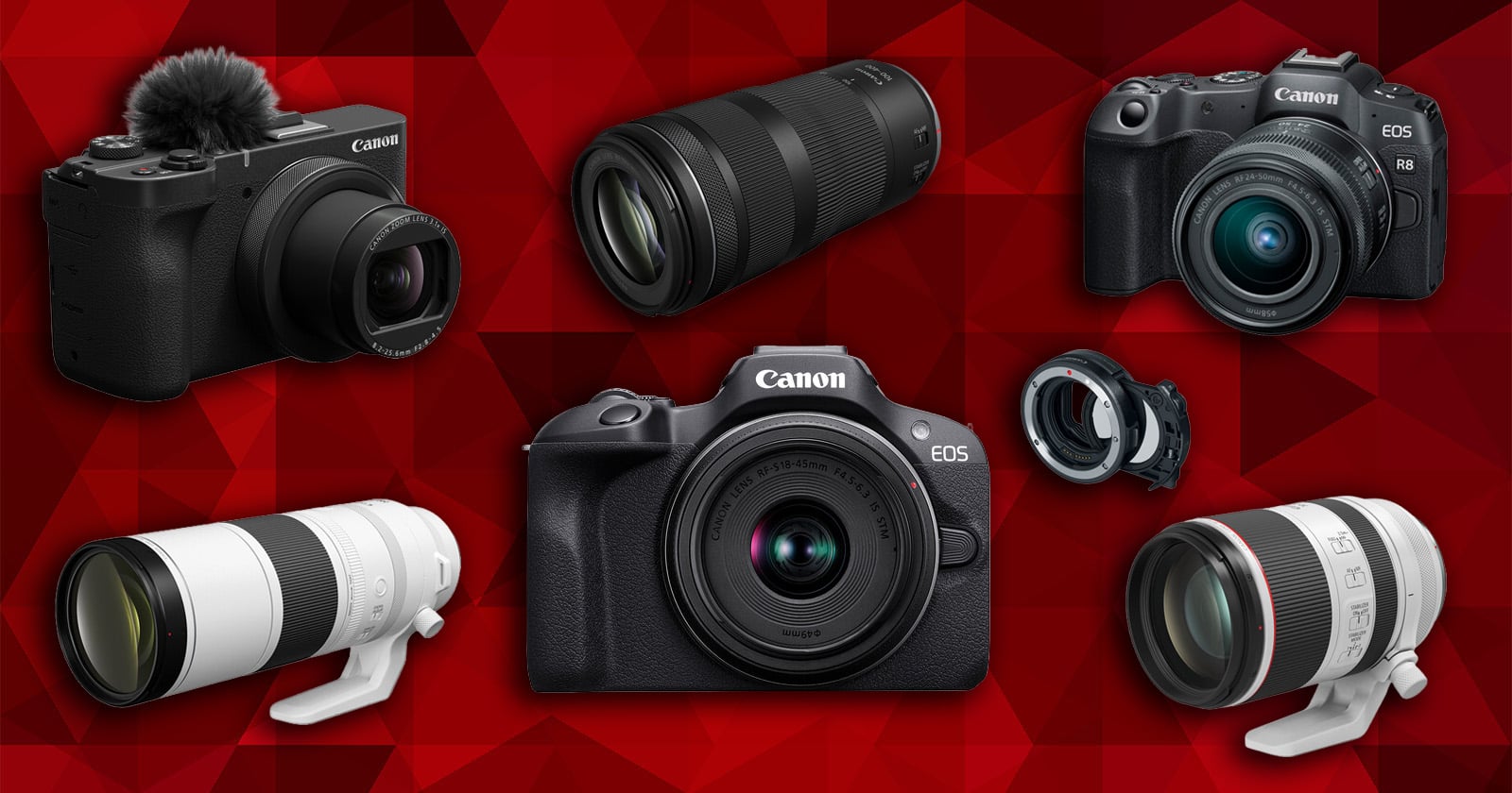 A collage of Canon cameras and lenses on a red geometric background, featuring five different camera lenses and three Canon mirrorless camera bodies, all displayed facing forward.