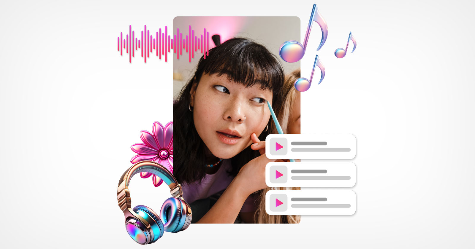 A person wearing headphones, surrounded by music notes, a sound wave, and a flower, looking thoughtfully into the distance. Below them are three play buttons suggesting music or audio tracks. The image conveys a musical and contemplative atmosphere.