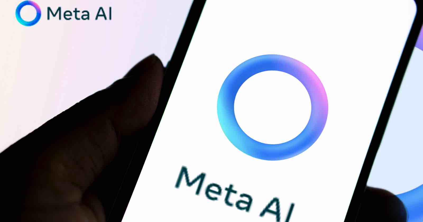 A hand holds a smartphone displaying the Meta AI logo, which features a blue and purple gradient circle, with the text Meta AI below it. The same logo and text appear in the image's top left corner.