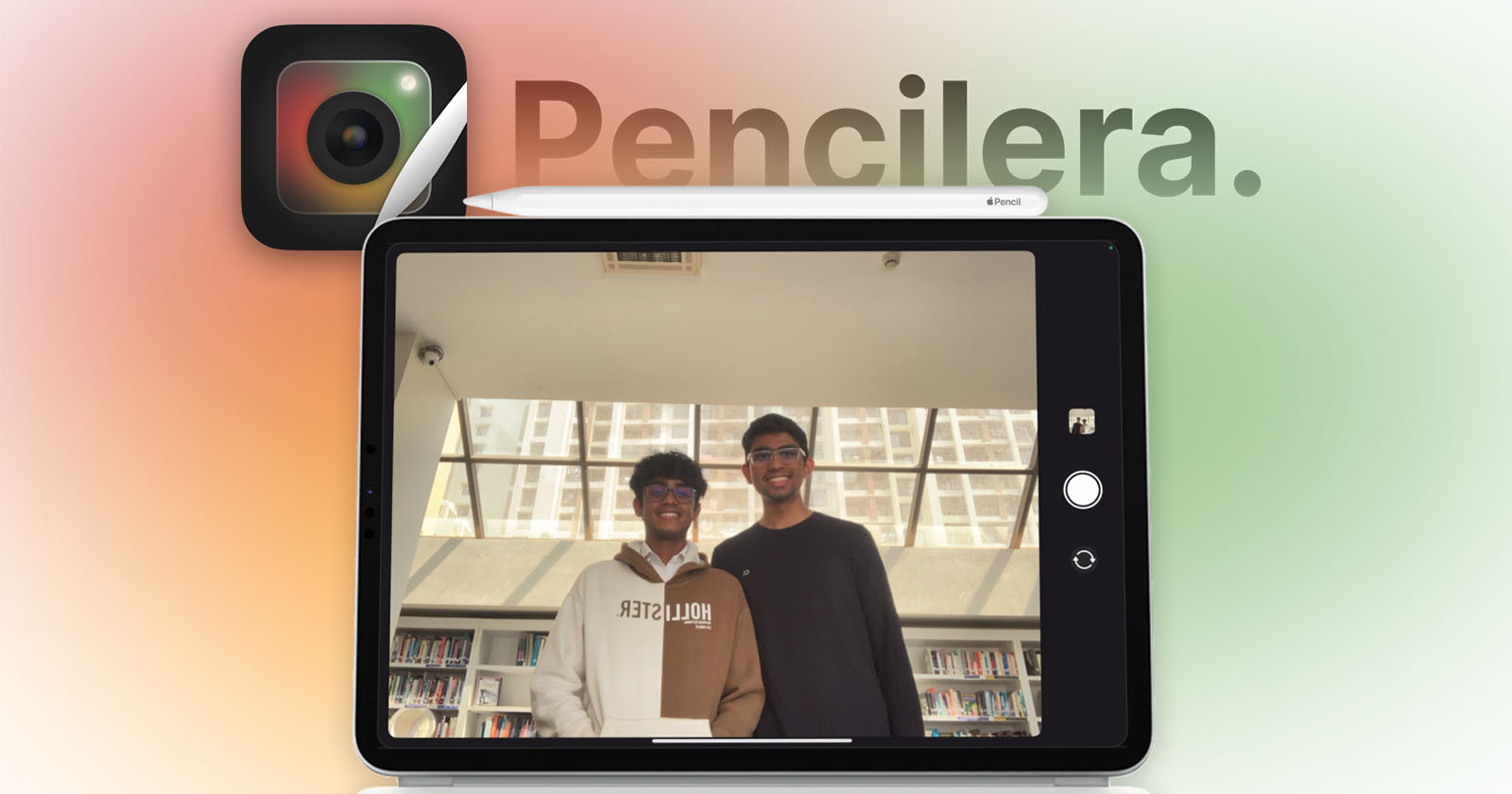 A digital artwork showing a close-up of an iPad screen displaying a photo of two smiling individuals standing side by side in a library. The background shows the word Pencilera with a stylized pencil image above the iPad.