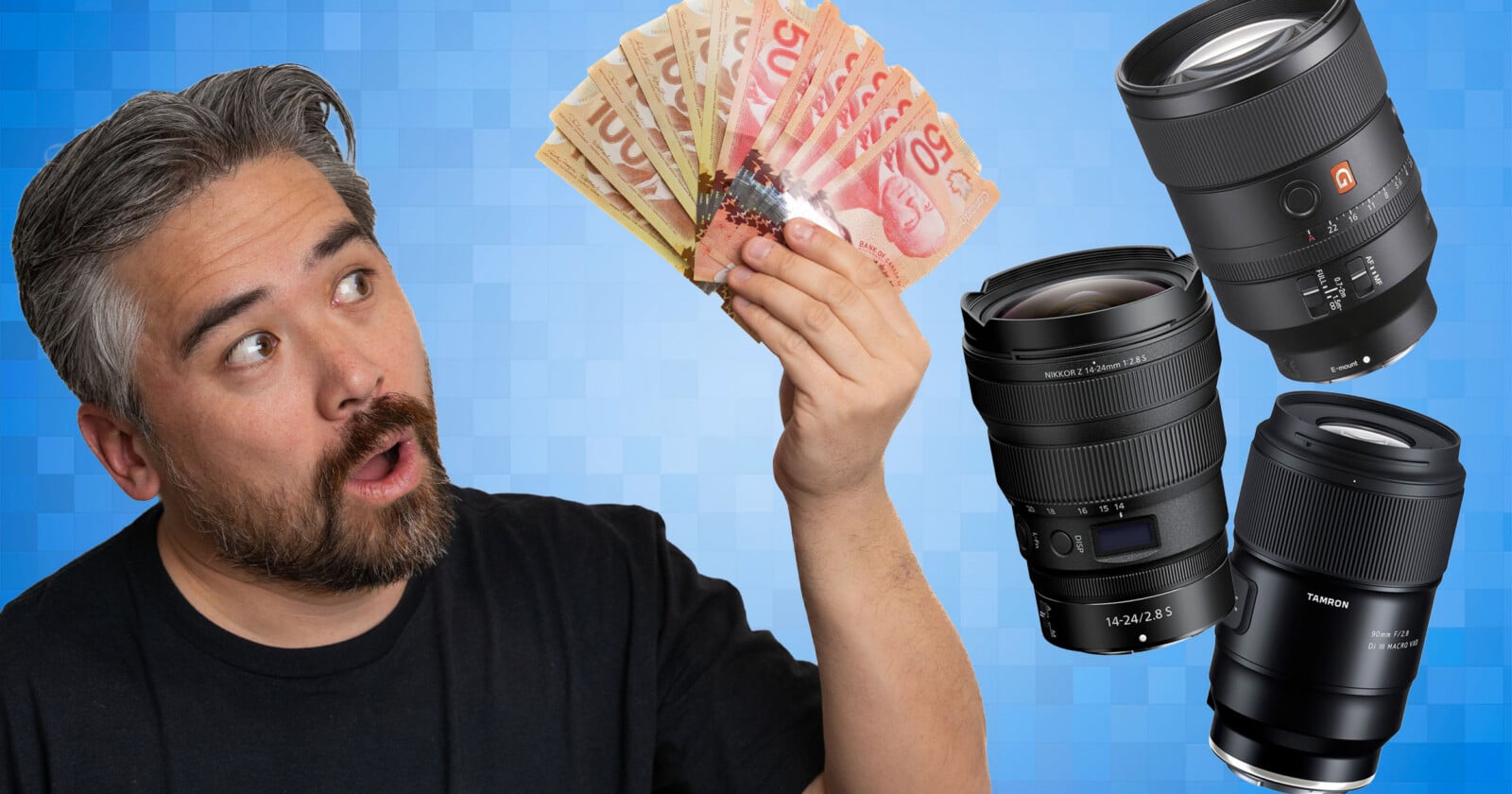 A surprised man holds a fan of Canadian dollar bills in one hand while looking at three large camera lenses floating beside him, with a blue checkered background.