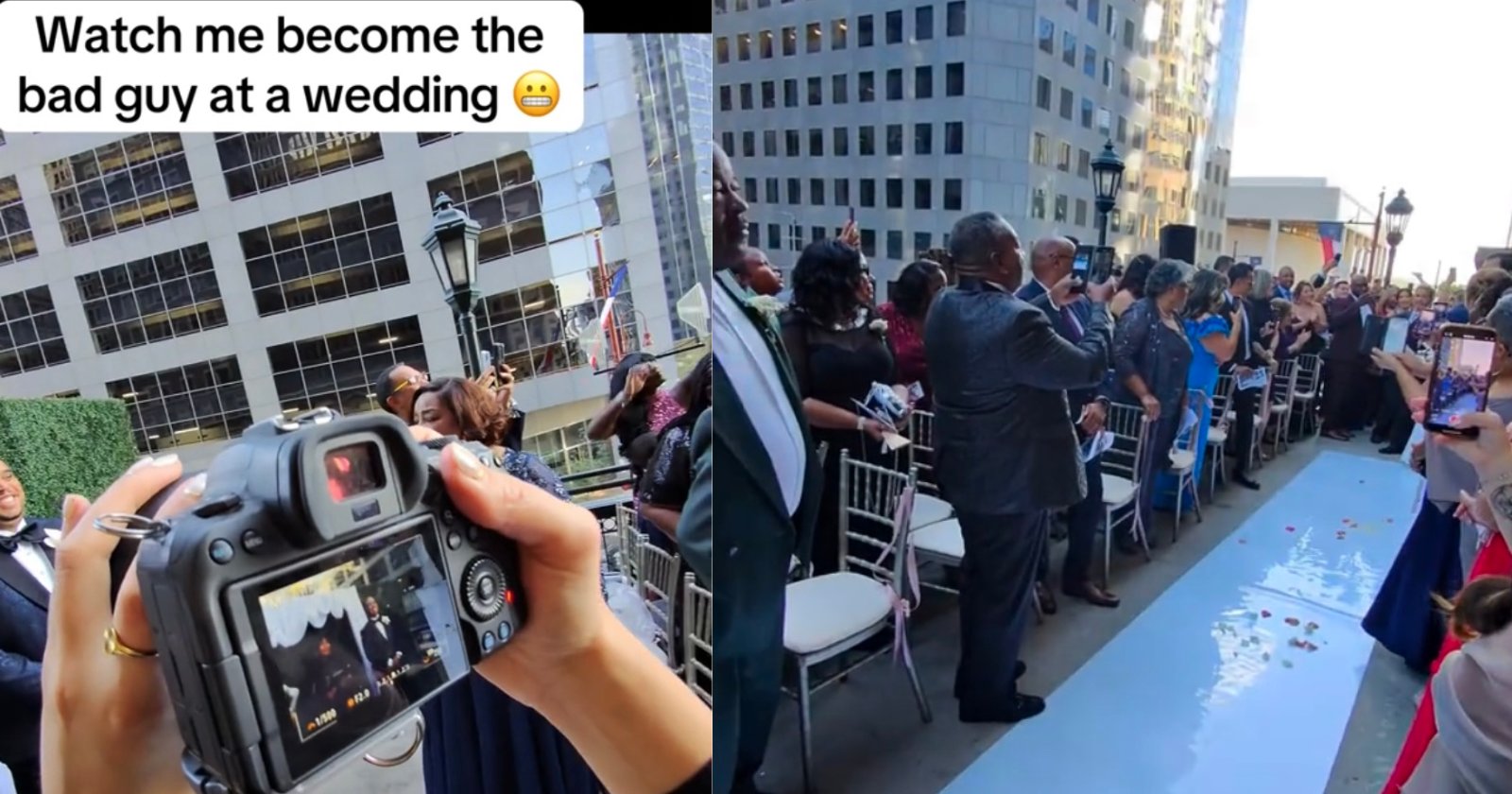 A photographer's camera display shows a wedding ceremony. The scene is set outdoors, with guests seated along a white aisle in a cityscape. A person is seen stepping into the aisle. A caption reads, Watch me become the bad guy at a wedding.