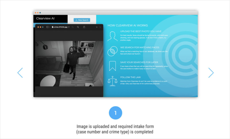 A screenshot of Clearview's AI image recognition system