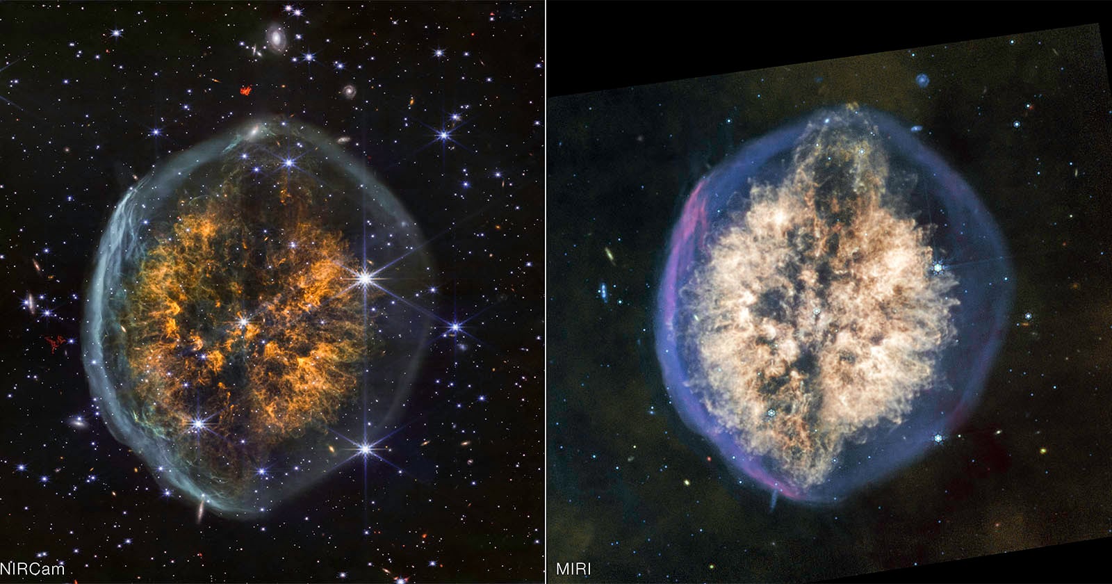 Side-by-side images of a colorful nebula against a starry background, showing different details and textures as captured by two different infrared cameras, labeled NIRCam on the left and MIRI on the right.