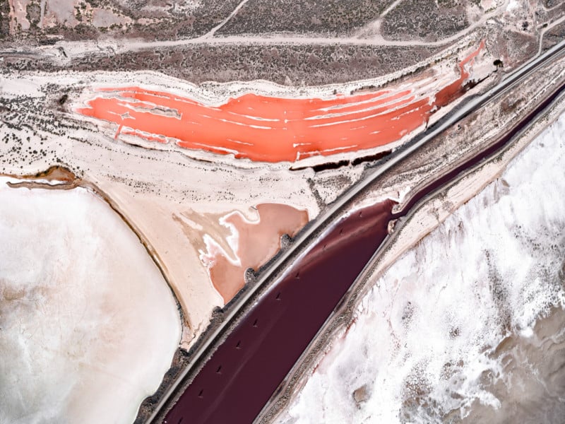 An abstract aerial photo of salt evaporation ponds at the Great Salt Lake in Utah