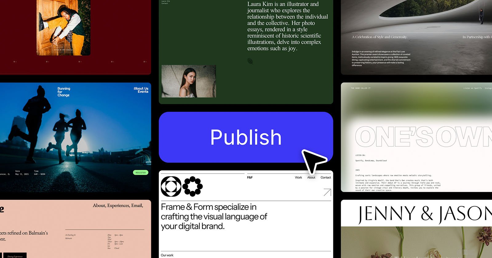 A collage of various stylish website designs is shown, with a large blue button labeled Publish in the center, highlighted by a cursor, representing web creation and publishing tools.