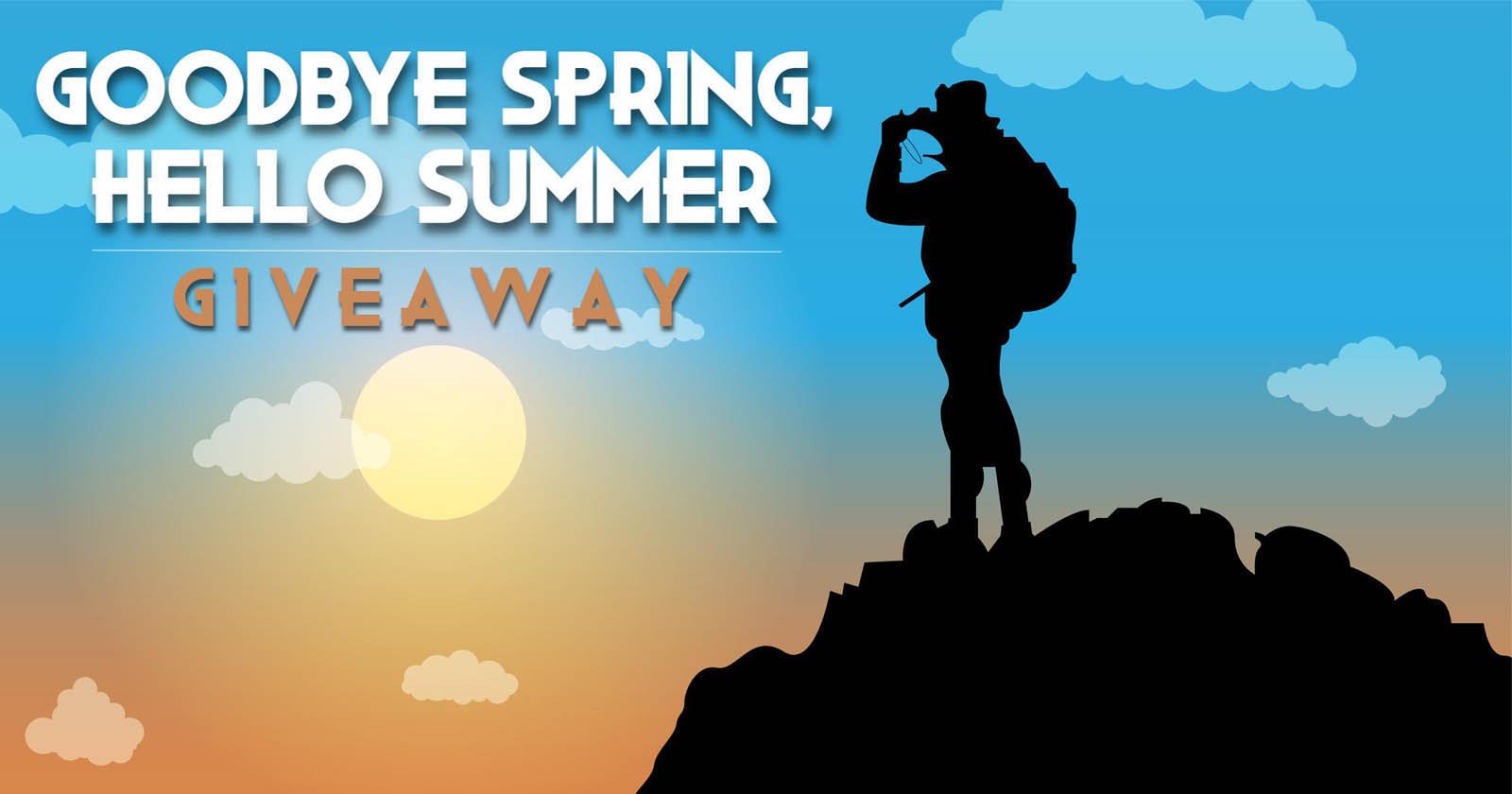 Silhouette of a hiker on a mountain at sunrise with text: Goodbye Spring, Hello Summer Giveaway. Light clouds and an orange-blue gradient sky in the background.