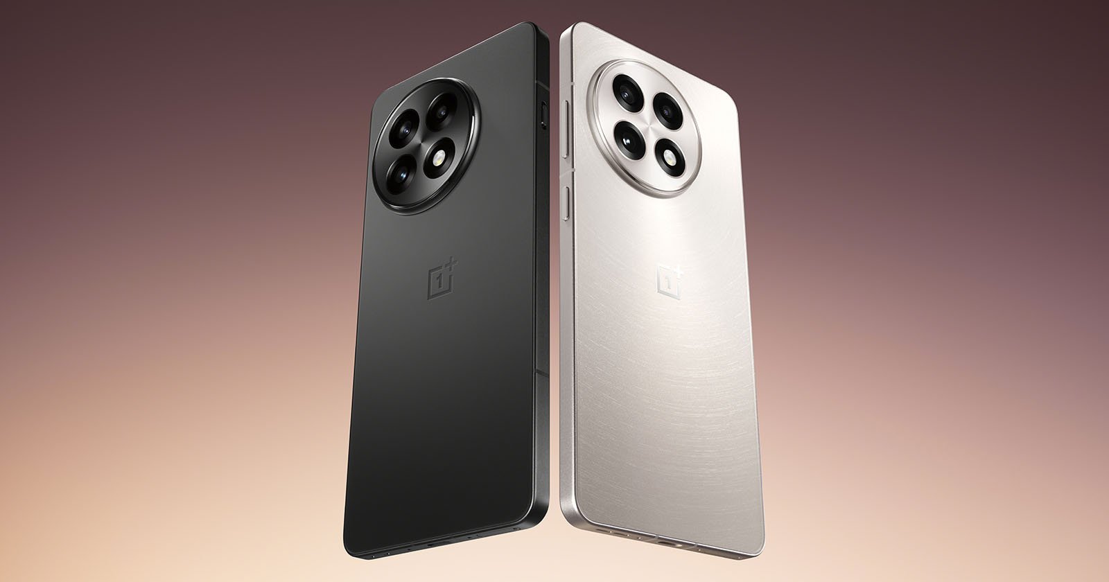 Two smartphones are shown side by side against a gradient background. One is black and the other is silver, each featuring a circular camera module with three lenses.