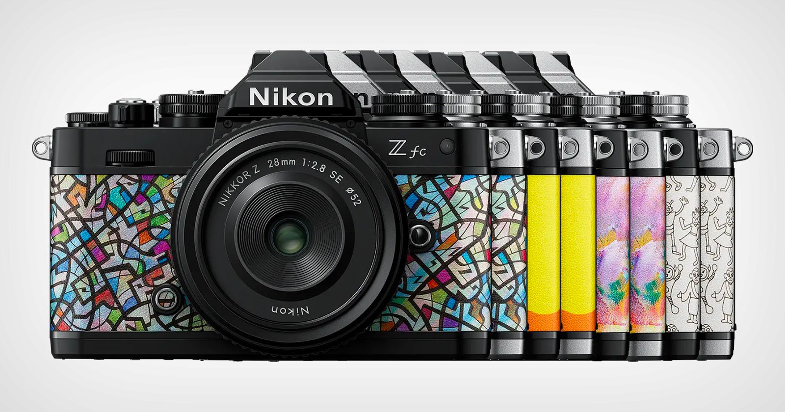 A Nikon Z fc camera is displayed with six interchangeable decorative covers in various patterns including colorful mosaic, yellow, and abstract designs. The lens is labeled NIKKOR Z 28mm 1:2.8 SE. The background is light gray.