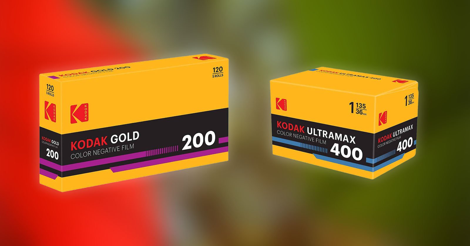 Two Kodak film boxes are shown: Kodak Gold 200 color negative film on the left (120 format) and Kodak Ultramax 400 color negative film on the right (35mm format), both with yellow, black, and red packaging.
