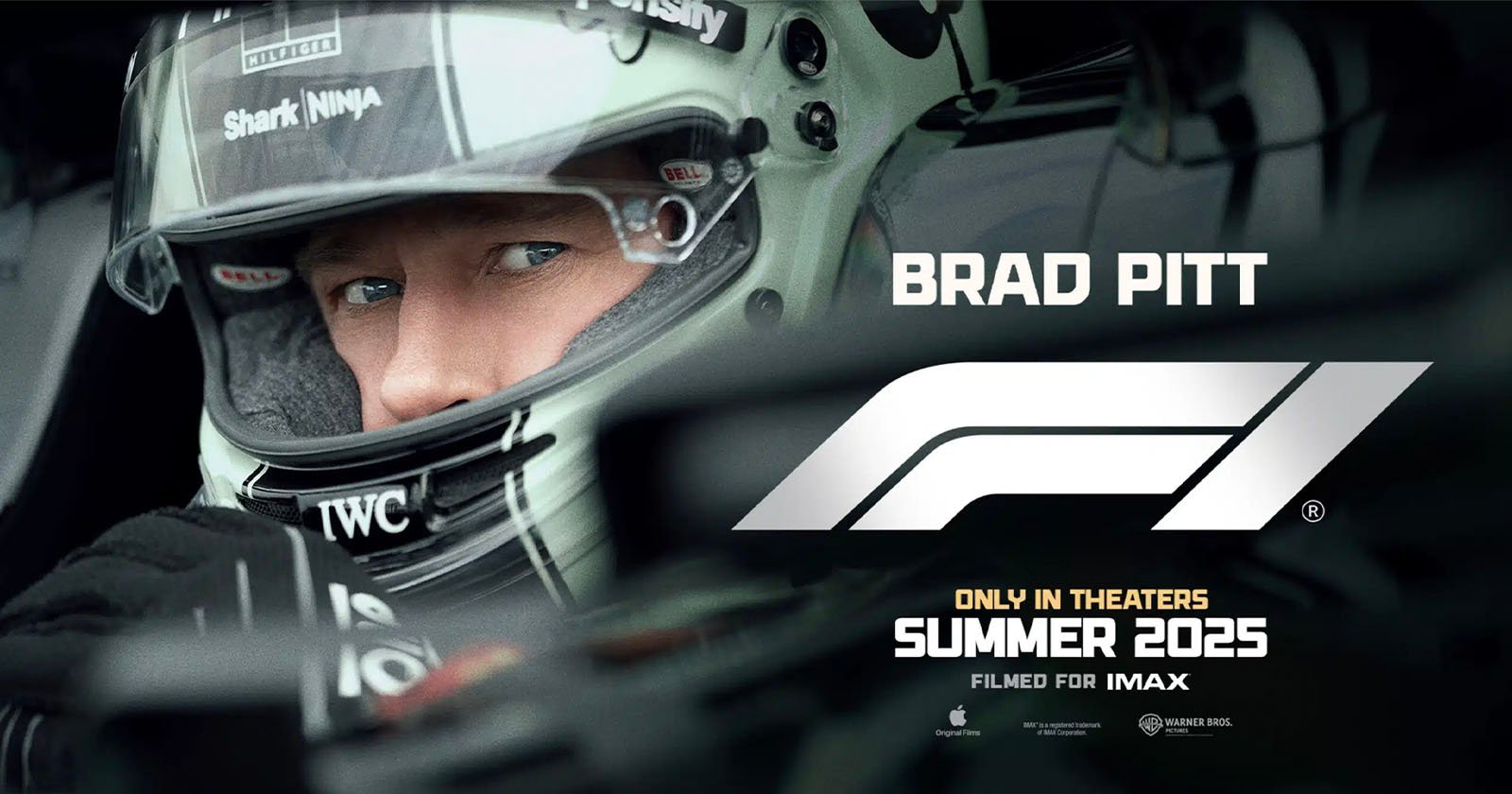Close-up of a race car driver in a helmet looking ahead, with the name Brad Pitt in bold text next to the F1 logo. Below, it states Only in Theaters Summer 2025 Filmed for IMAX with small logos for Apple Original Films, Formula 1, and Jerry Bruckheimer Films.